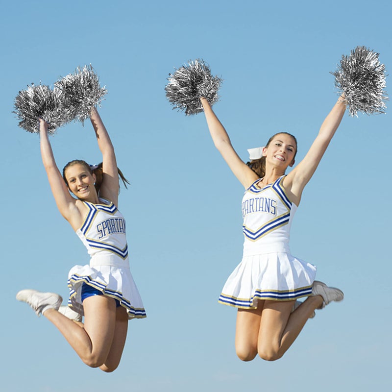 PPXMEEUDC 16PCS Cheerleading Pom Poms Metallic Foil Plastic Pom Poms with Baton Handle for Game Sports Squads Dancing Party Football Basketball Club Spirit Sports Stage Performance Celebration (Silver) - Image 4